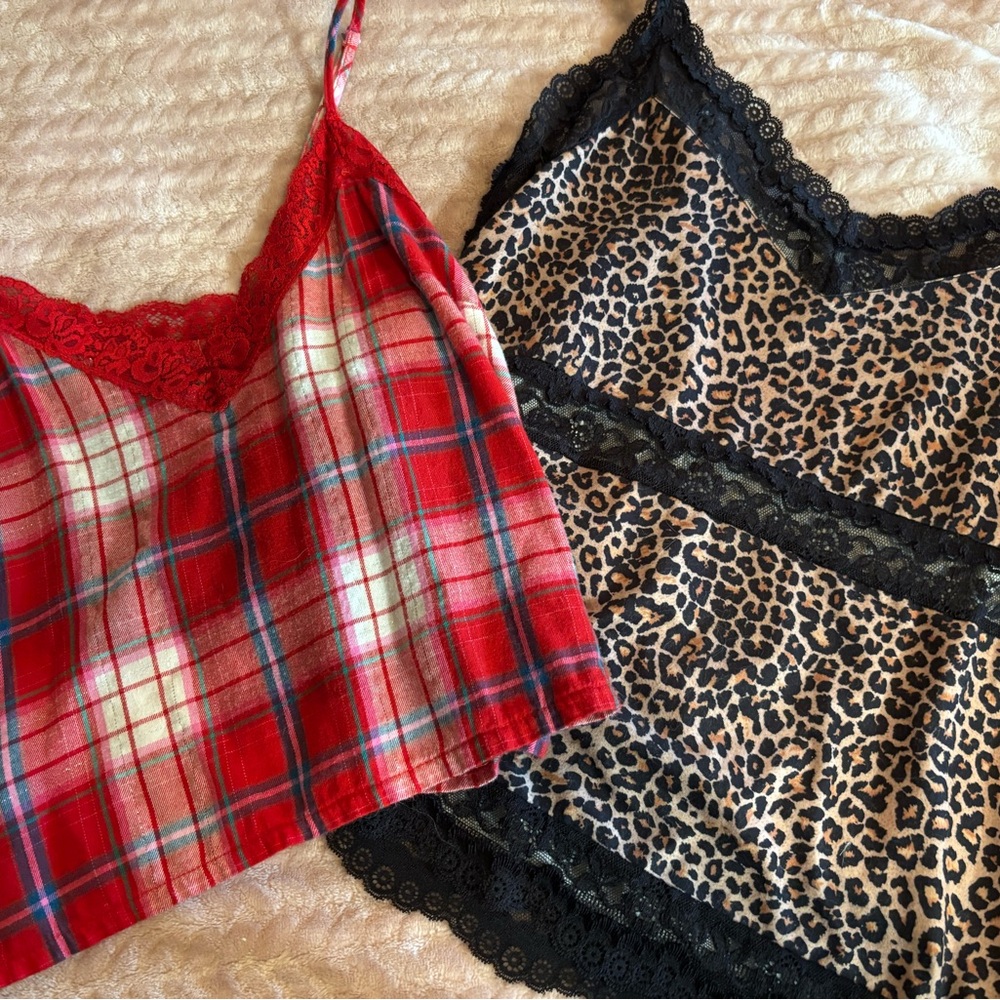 Red Plaid and Leopard Lace Camisole Set!